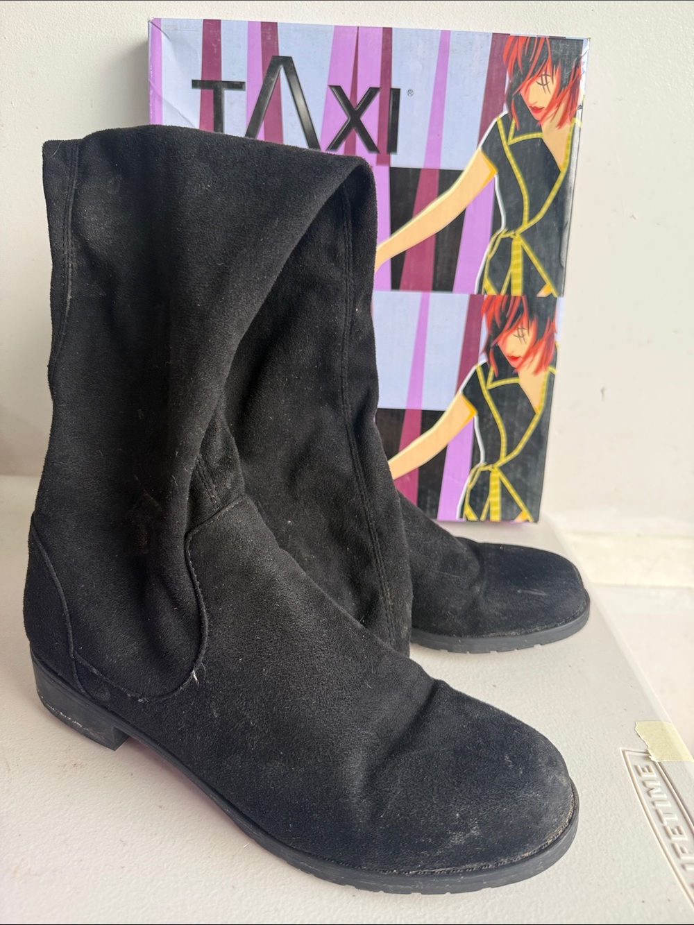 TAXI Black Suede Slouch Mid-Calf Heeled Boots
